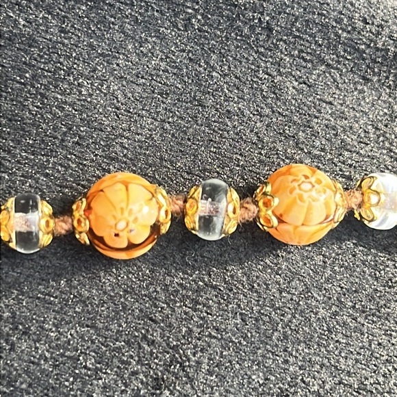 Vintage Hand Knotted Venetian Amber Murano Art Glass Bead Brass Bracelet - Picture 7 of 8